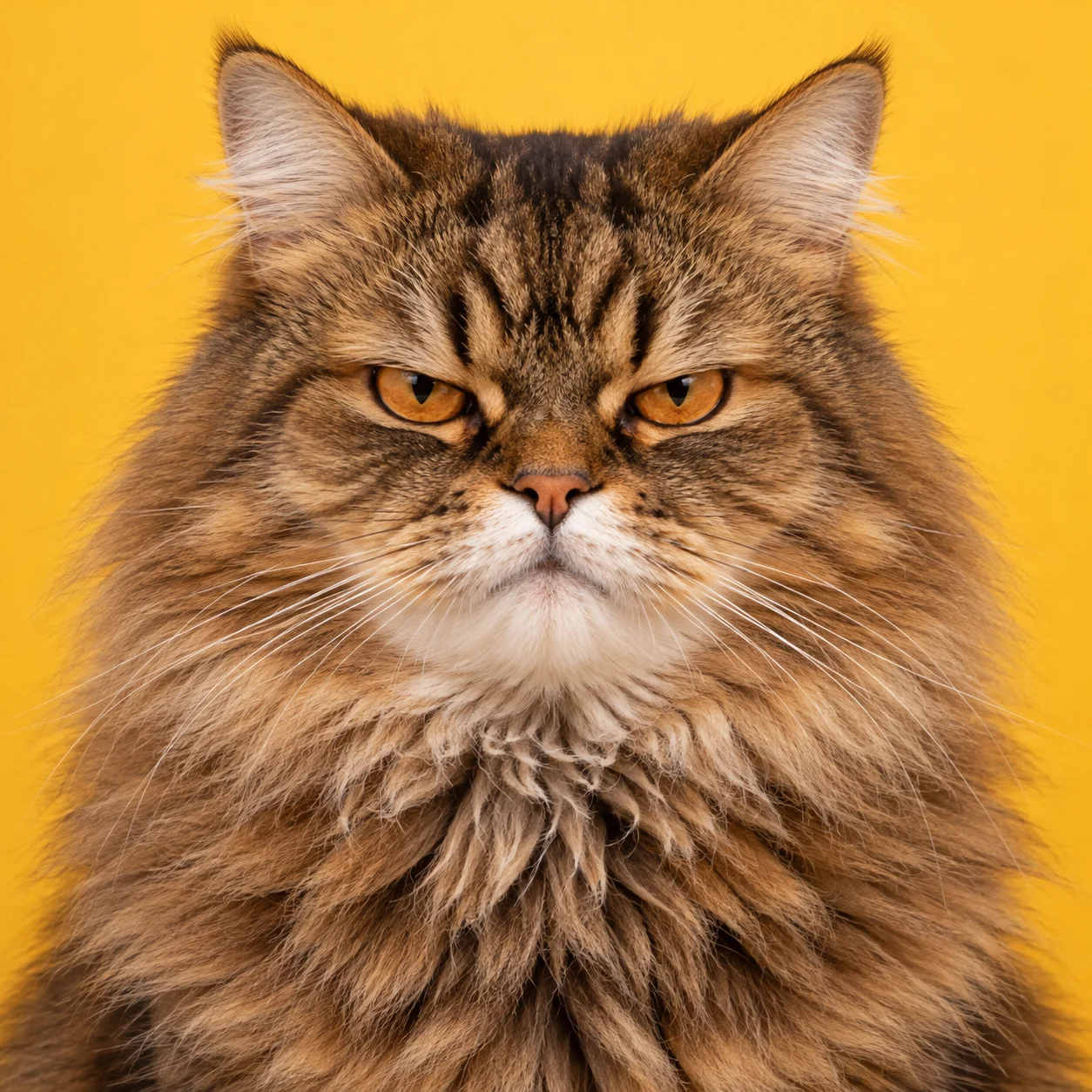 An unimpressed fluffy tabby on a yellow background
