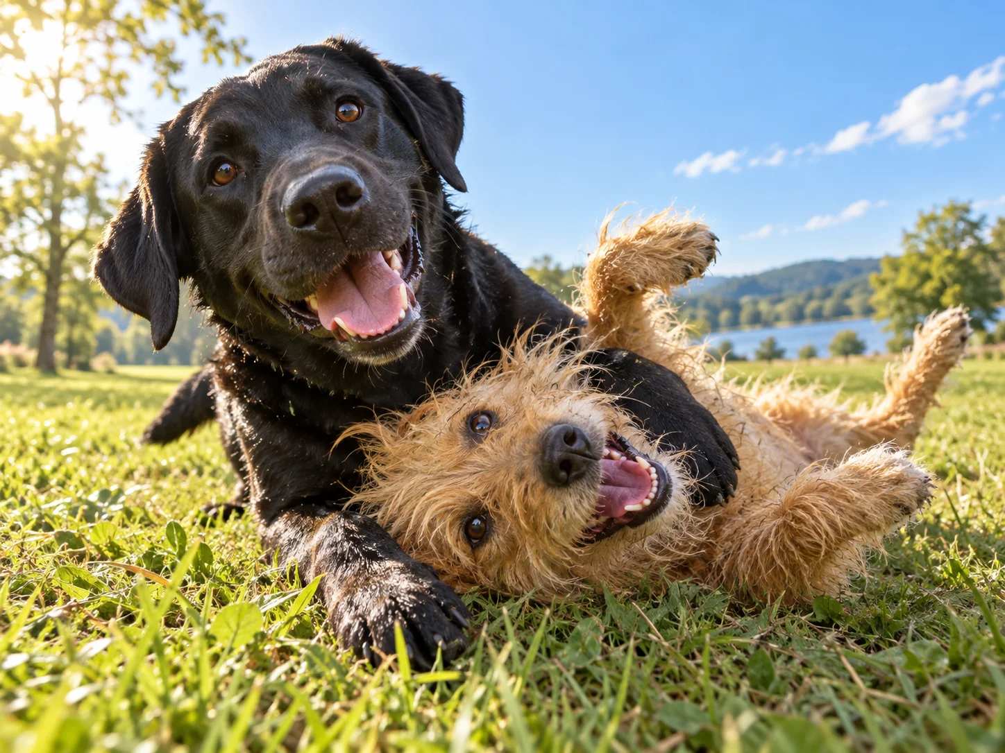 Two dogs rolling around together in the grass