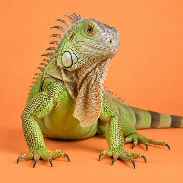 A green iguana posing on a peach background