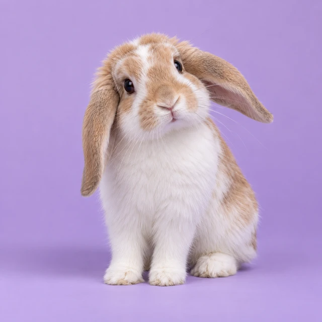 A curious lop-eared rabbit on a lavender background