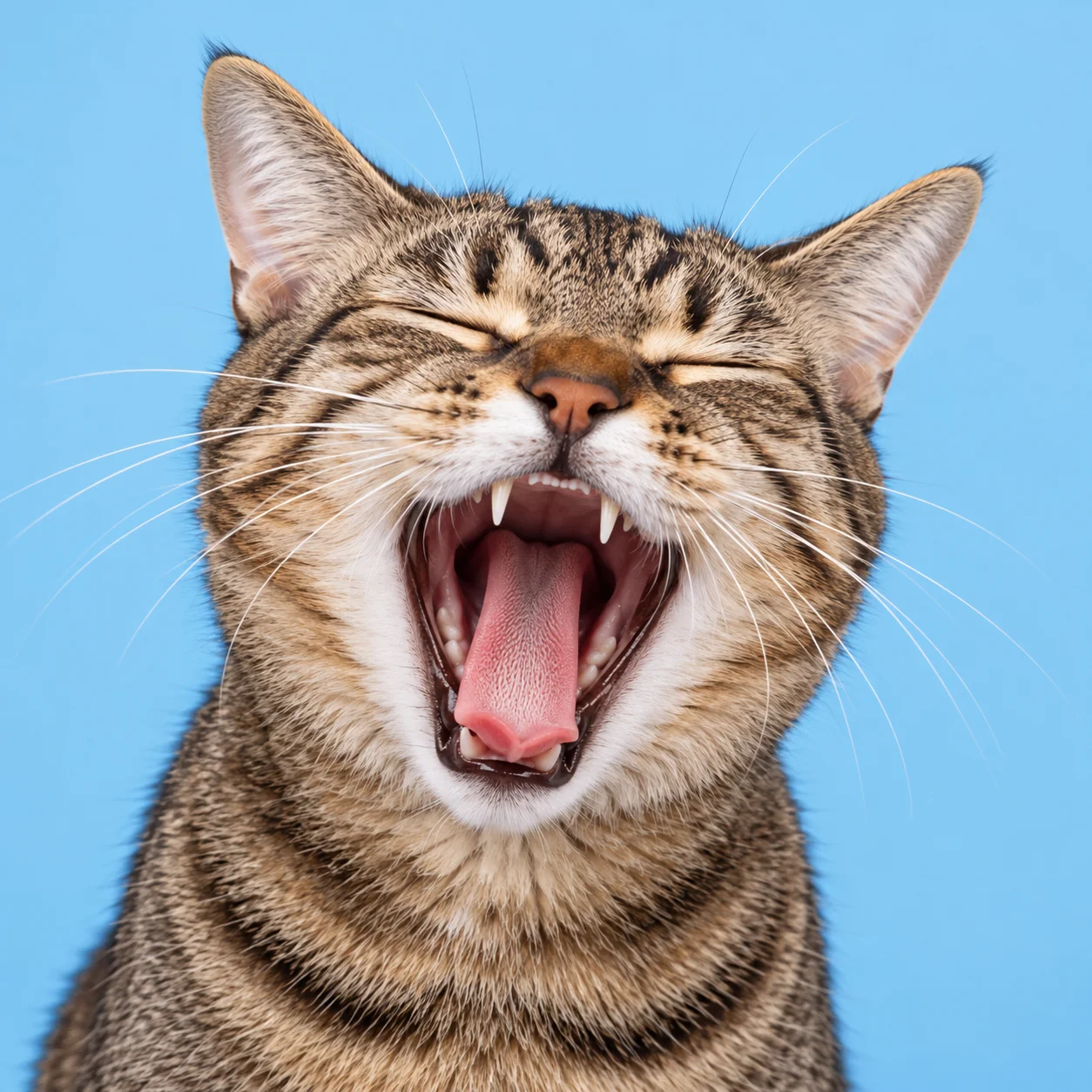 A tabby cat caught in the middle of a magnificent yawn